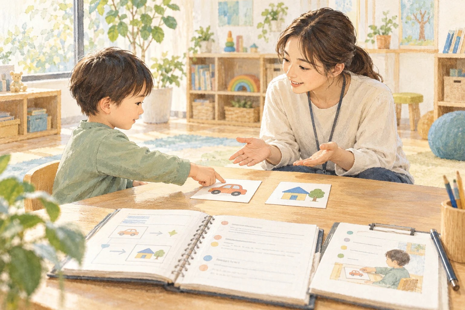 活動カードを選ぶ子どもを見守る支援者と、計画・観察ノートのイメージ