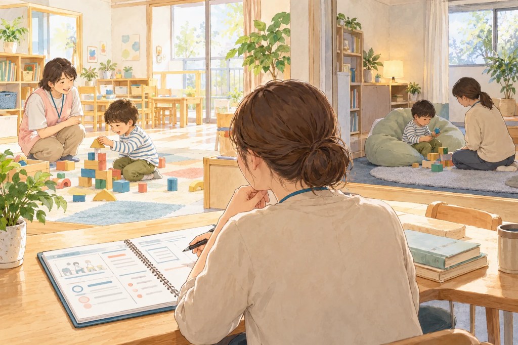 同じ遊びを異なる環境で見守る支援者のイメージイラスト