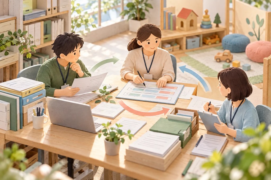 三人の支援職員が各自の役割を担う事務スペースのイメージイラスト