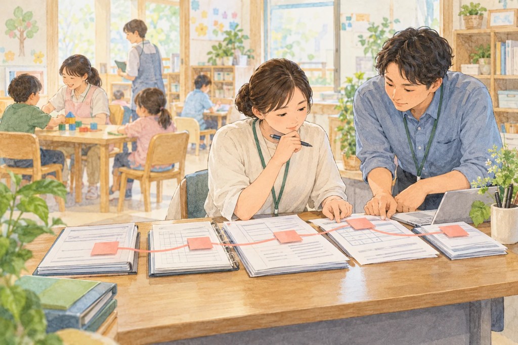 支援室の活動と、小さな机の勤務記録・実施記録・請求資料が同じ日の色の付箋で結びつくのイメージイラスト