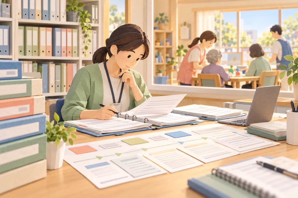 整然としたファイル棚の手前で、一件分の記録を時系列に広げ、実際の支援場面を窓越しに確かめる職員のイメージイラスト