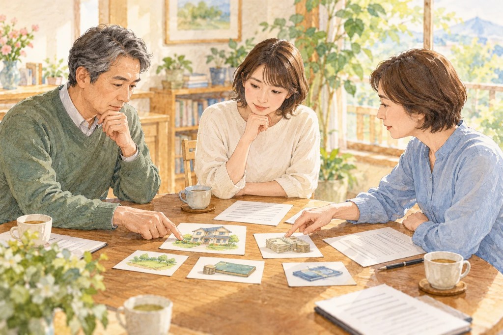 落ち着いた円卓で三人の成人が、家と預金を示すカードの分配案を指差して確かめるのイメージイラスト