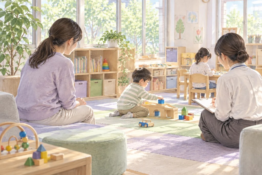 支援室で親と職員が子どもの遊び方をそっと観察のイメージイラスト