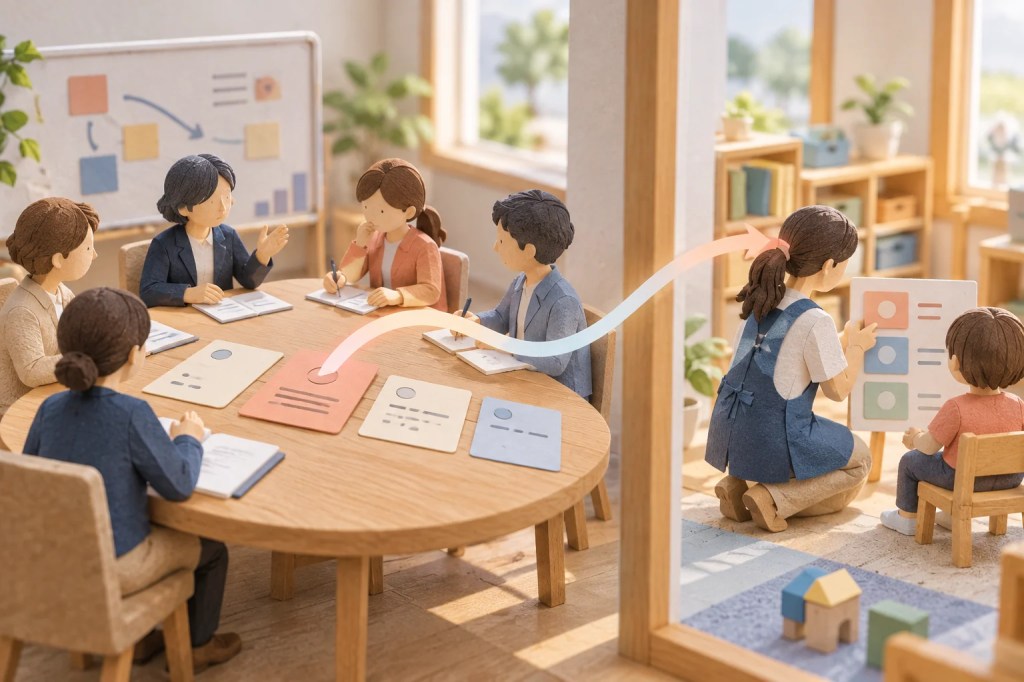 会議机の無記名の決定カードから、隣の支援室で実行する職員へ一本の柔らかな色のラインのイメージイラスト
