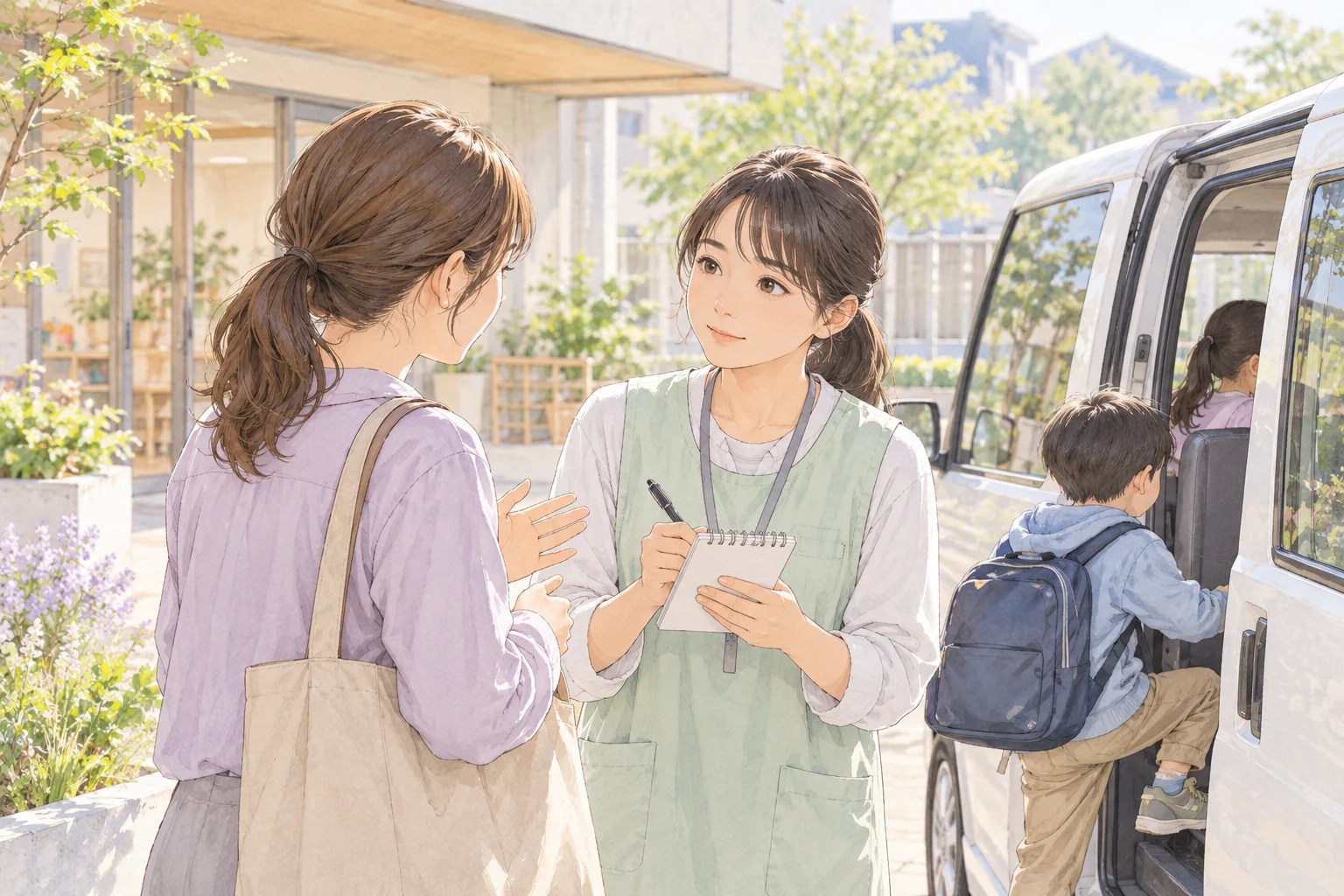 送迎時に保護者の話を落ち着いて聞く職員、その後ろに担当者へ渡す小さな受付メモのイメージイラスト