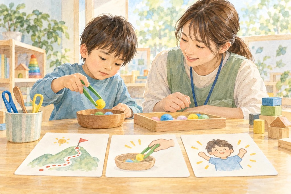 専門職と子どもが、つまみやすい道具で日常の小さな活動を試すのイメージイラスト