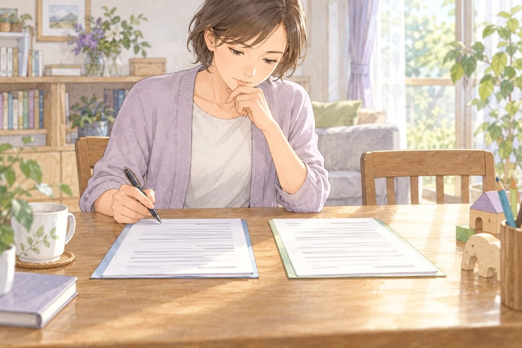 家族の机に親用と子ども用の異なる書類を別々に置き、成人が署名する手を止めて確認するのイメージイラスト
