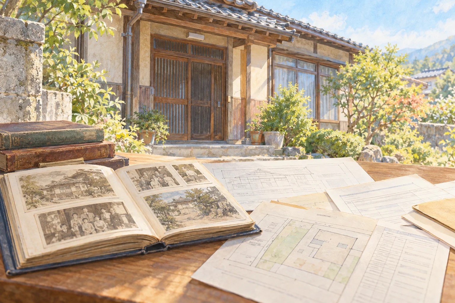 古い実家の玄関と何世代もの写真アルバム、土地・建物の資料のイメージイラスト
