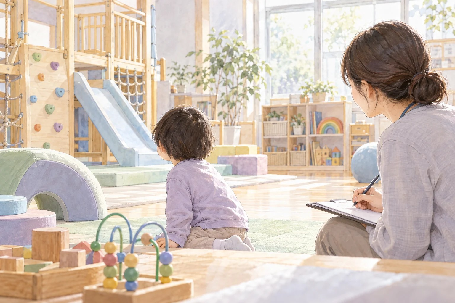 言葉で伝えるのが難しい子どもが好きな遊具へ視線を向け、支援者が急がず待ち観察メモを残すのイメージイラスト