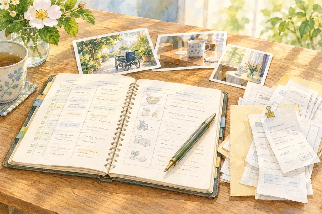 介護の日々を残す手帳と立替領収書、親との暮らしの小さな写真のイメージイラスト
