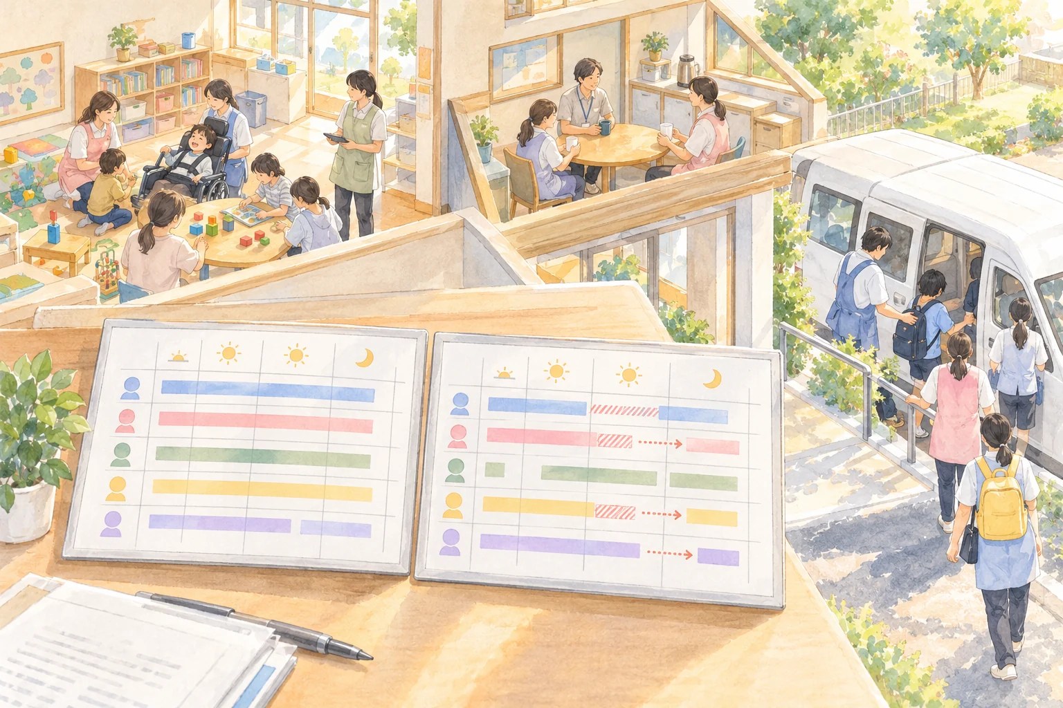 予定勤務のボードと実際の職員の動きが見える支援施設の俯瞰のイメージイラスト