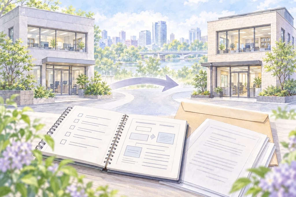 前の職場と新しい職場を二つの小さな建物で示し、間に仕事内容を確認するノートと証明書の封筒のイメージイラスト