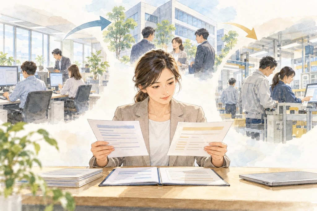 社内異動、別法人、派遣先の三つの仕事場の小景のイメージイラスト