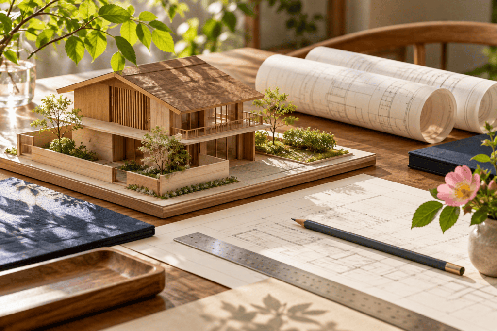 木の建築模型と計画のイメージ