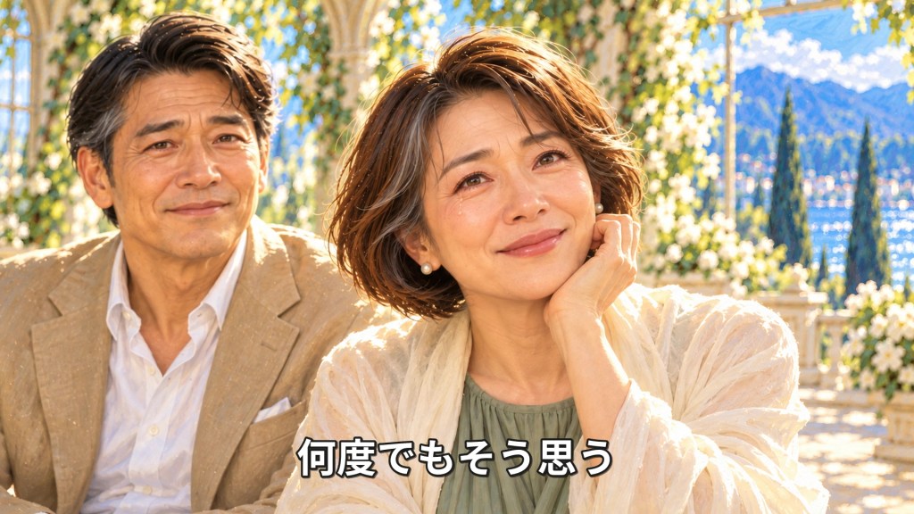 光の差す庭で寄り添う二人