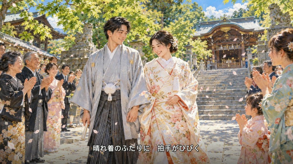 祝福の中を歩く和装の二人