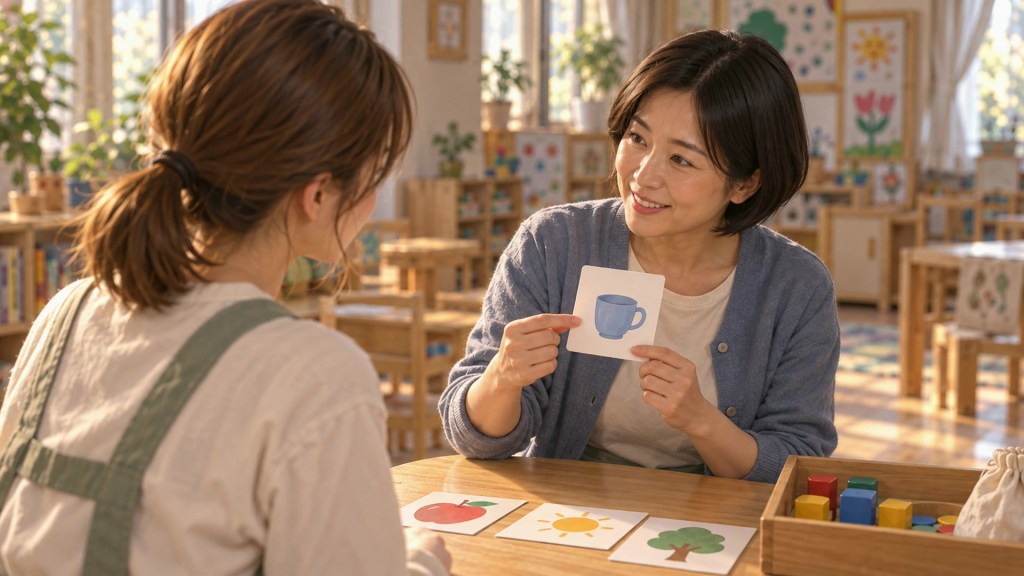 保育室で連絡帳を見ながら話す二人