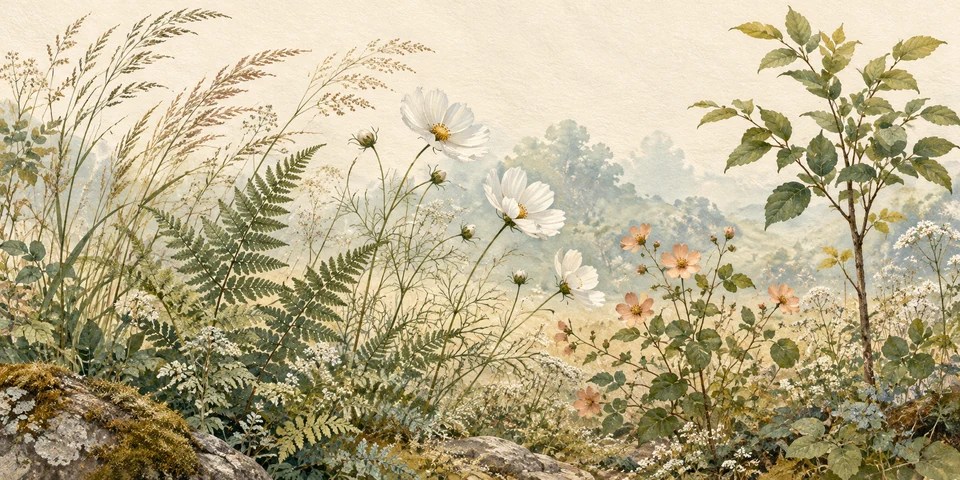 高さや形の違う草花が、それぞれの間隔で育つ繊細な植物画