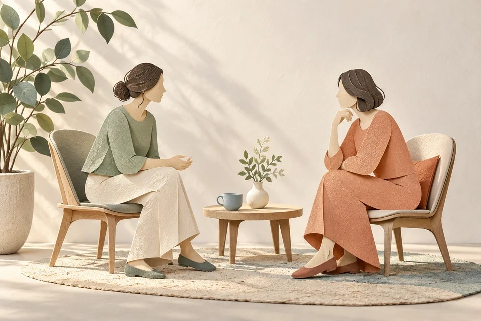 二人の人物の間に余白を残した、紙を重ねた対話のイメージ