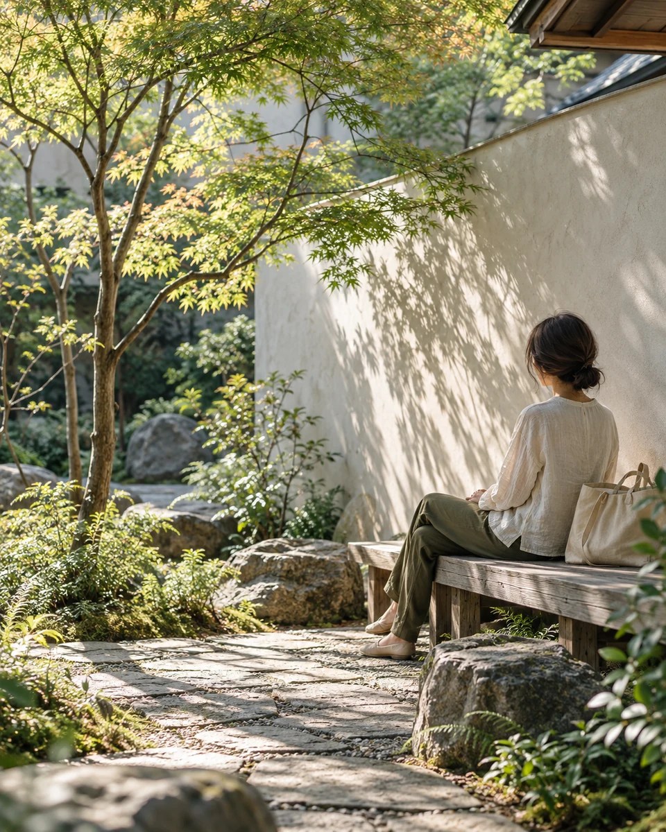 木漏れ日の中庭で、女性が静かにひと息つく創作イメージ