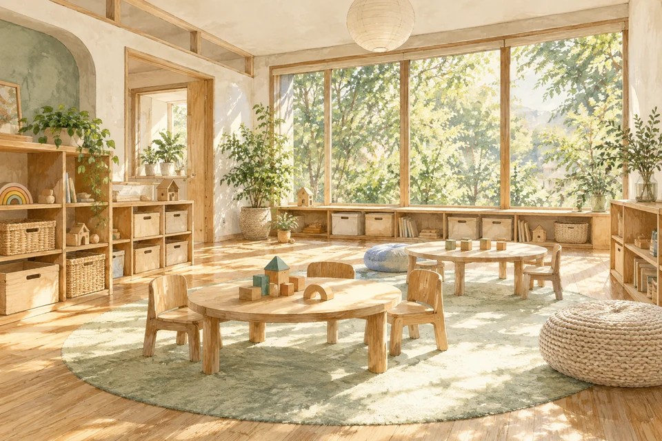 木製の遊具や小さな机が並ぶ、架空の支援室を描いた透明感のある水彩画
