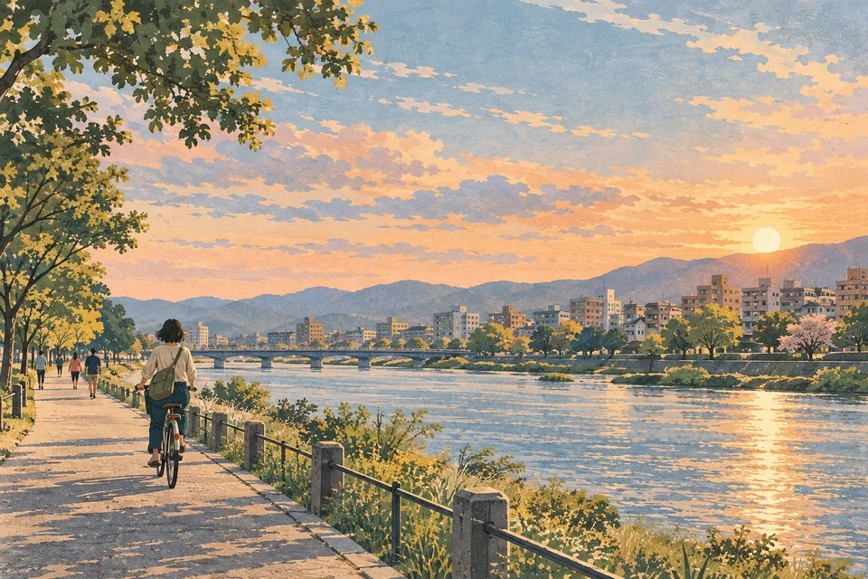 川沿いの遊歩道を自転車で進む人と、夕方の街並みを描いた版画調の風景