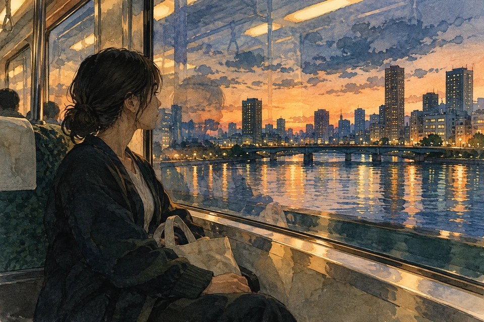 夜の電車の窓に街の灯りが映り、乗客が外を眺める水彩画