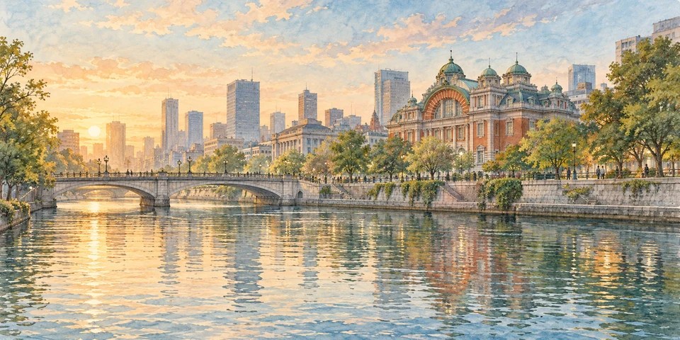 大阪の川と街並みを描いた穏やかな水彩画