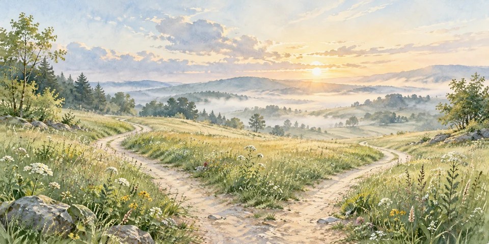 朝の草原を二本の小道がゆるやかに進み、先で風景に溶け込む水彩画