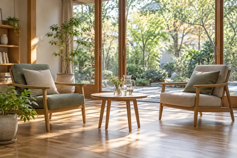 緑の見える明るい部屋で、二脚の椅子がゆったり向かい合うイメージ