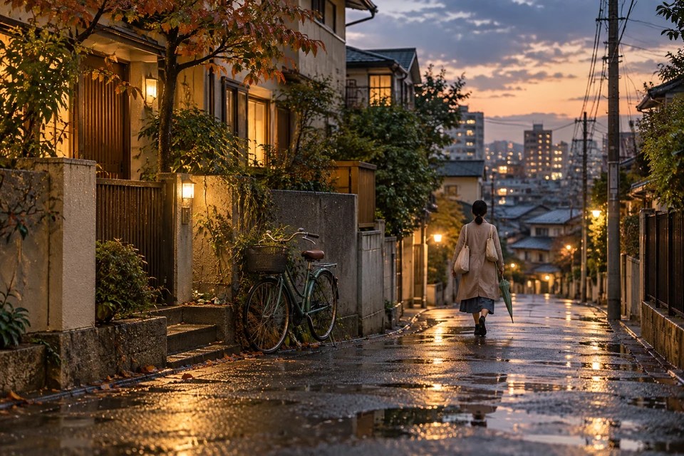 雨上がりの路地を、傘を閉じた人が歩く映画の一場面のようなイメージ