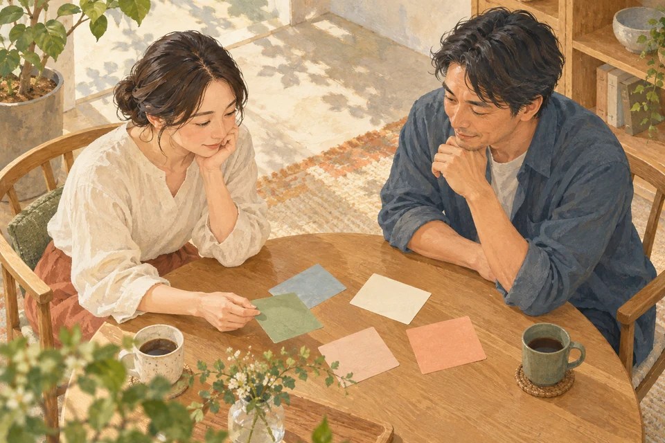 二人の大人が机上のカードを見ながら話し合うガッシュ画